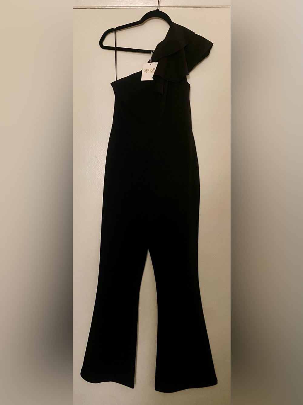 Sexi Asymmetric One-Shoulder Black Ruffle Jumpsuit